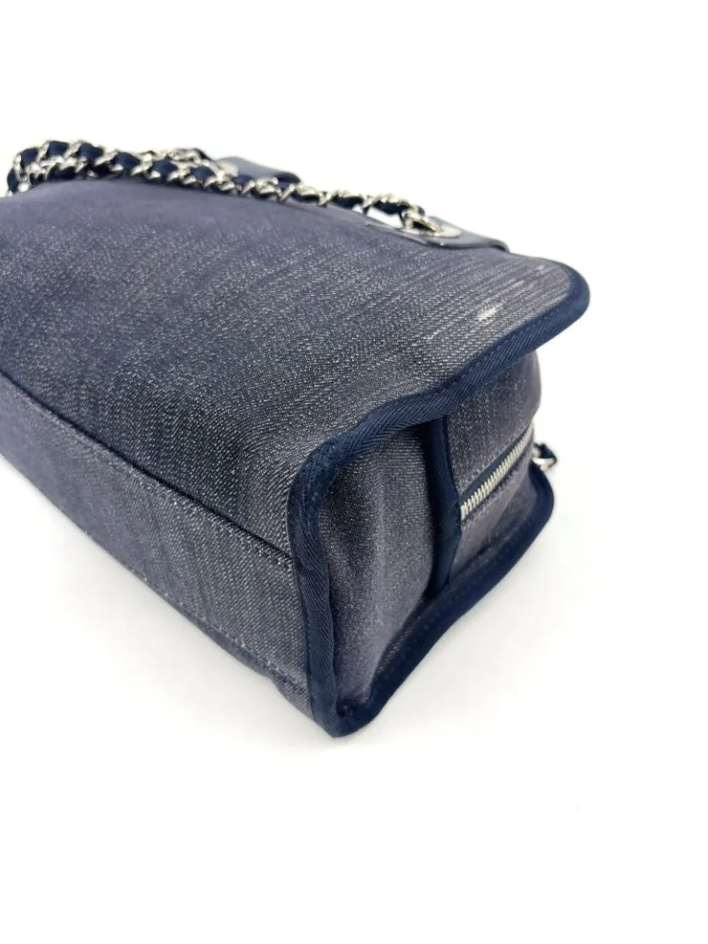 Chanel Deauville Line Bowling 2-Way Leather Denim Navy Blue Handbag Silver